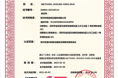 职业健康安全管理体系认证证书